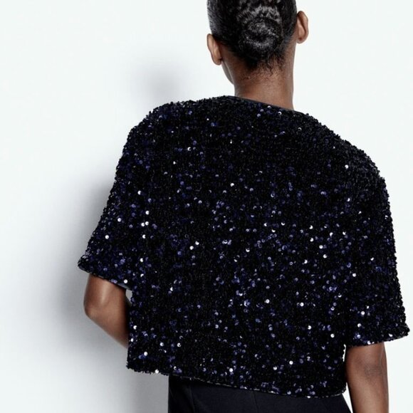 H&M Holiday LIMITED Edition Blue Sequined Blouse Shrug Sweater Top Sparkle - Picture 2 of 7